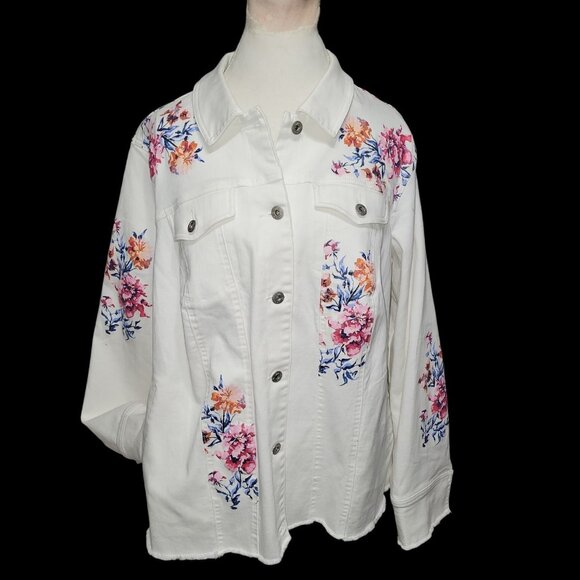 DG2 Denim Jacket Diane Gilman Bohemian Floral Pockets Fringed Comfy Designer 3X - Picture 4 of 8